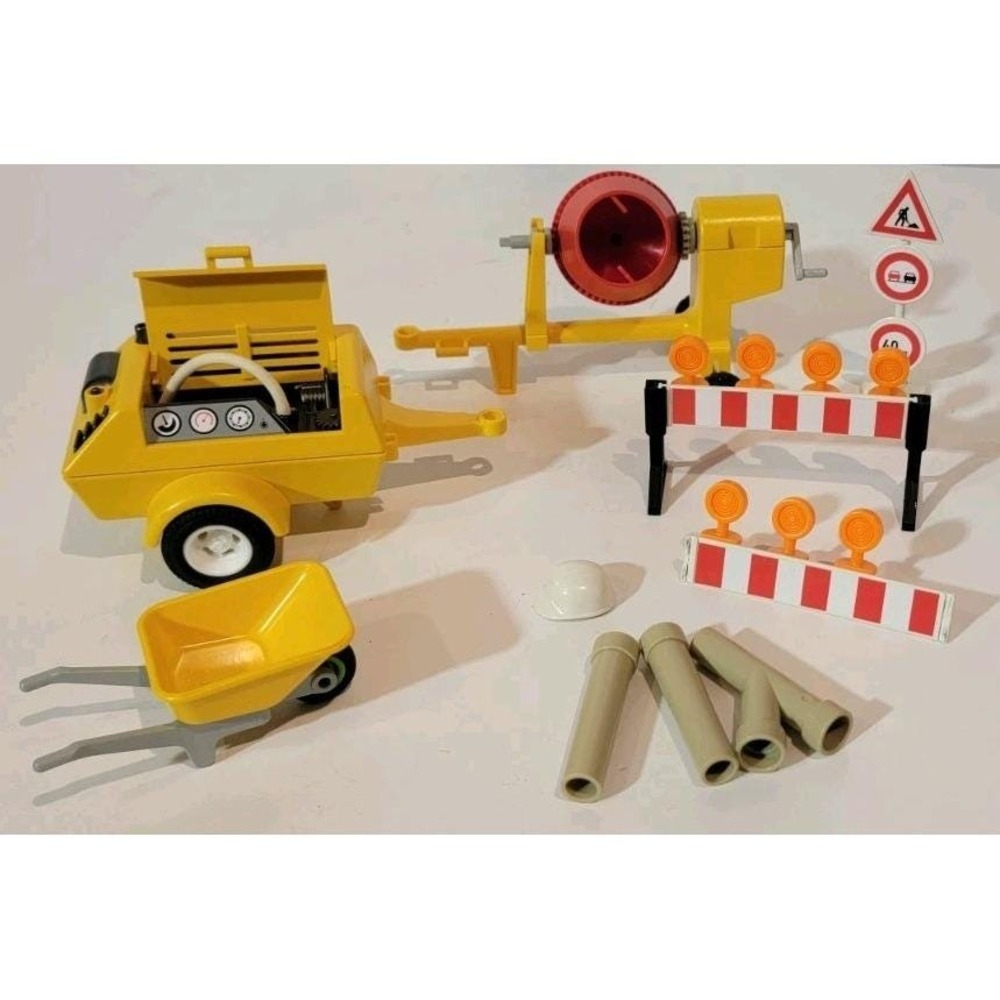 PLAYMOBIL Construction Set Pieces Mixer, Air Compressor, Signs Wheel Barrel Pipe